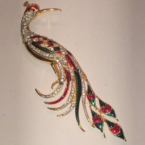 Vintage Gold Tone Multicolor Enamel Rhinestone Peacock Brooch